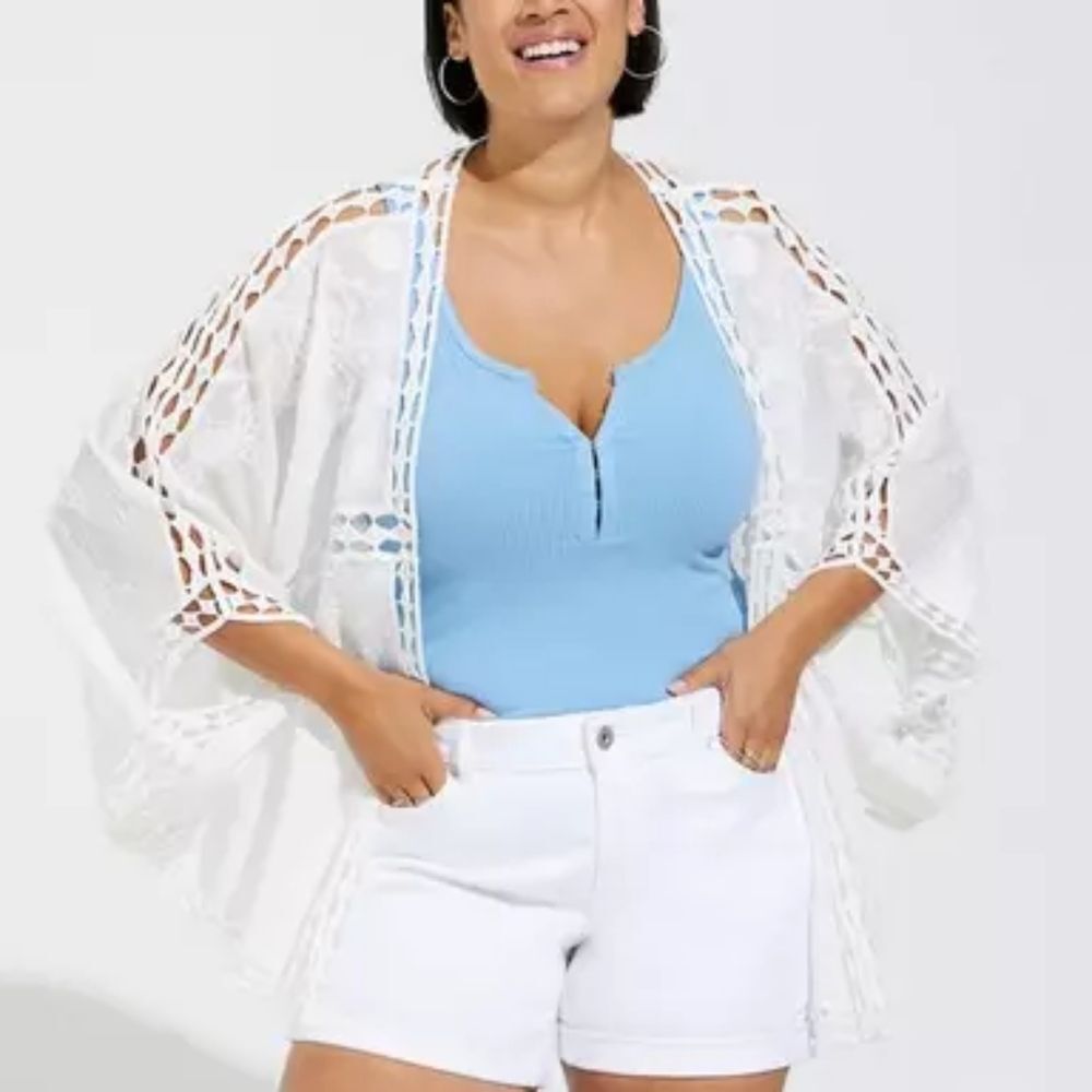 Women's Torrid White Crochet Lace Inset Kimono Coverup, Size